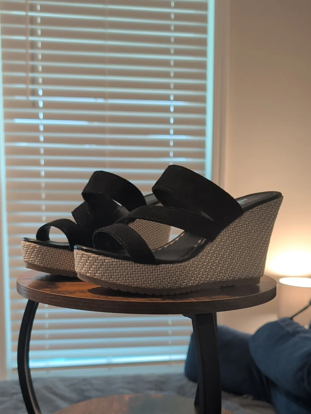 Black Wedge Slide Sandals with Espadrille Platform